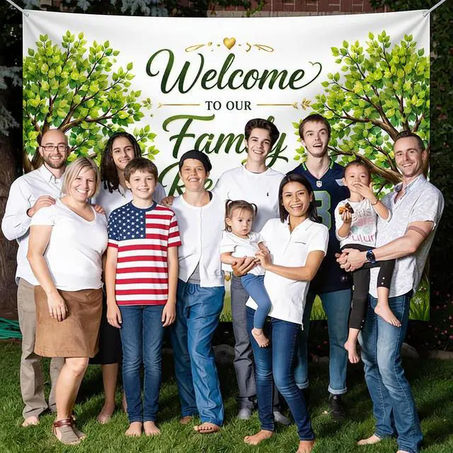 Alt view image 4 of 7 - Personalized Aint No Family Like the One We Got Banner Backdrop Custom Name Blue Watercolor Pine Forest Welcome Sign Reunion Party Decorations Photo Backdrop Decor Wall Hanging Tapestry Art Print