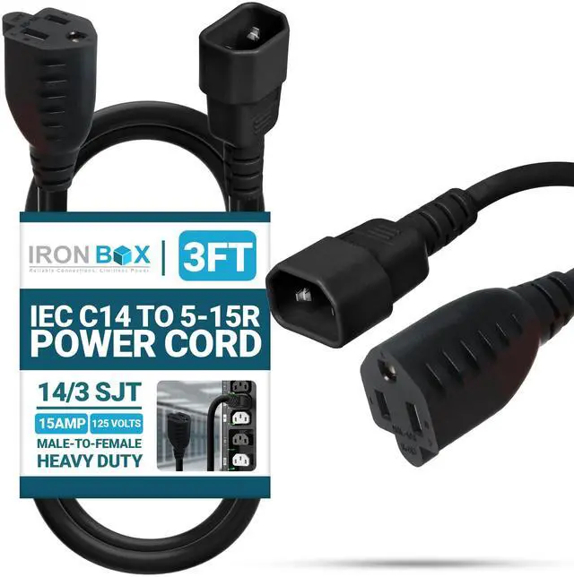 Main image of IronBox Electric IEC C14 to 5-15R Power Cord - 15A, 125V, 14/3 SJT - UL Listed Power Cord Adapter - Heavy Duty Plug & Connector Extension Cable for Computer, Printer, Data Centers & More (3ft, Molded)