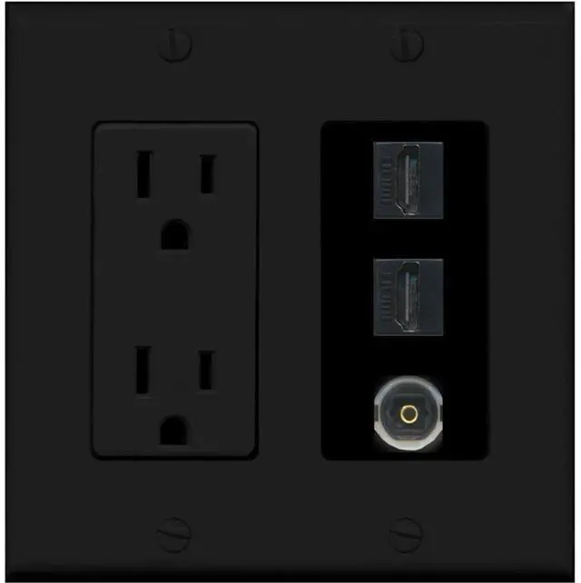 Main image of 15 Amp Power Outlet 2 Port HDMI 1 Port Toslink Decorative Wall Plate - Black
