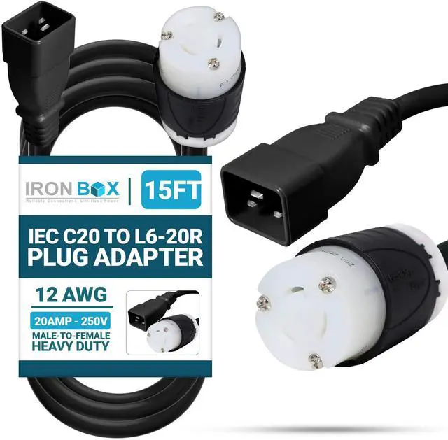 Main image of IronBox Electric - Heavy Duty IEC C20 to L6-20R Plug Adapter Power Cord - 12 AWG Jacket - Rated for 20 Amps and 250V - UL Listed Extension Cable - Ideal for Server Racks and Data Centers (15 feet)