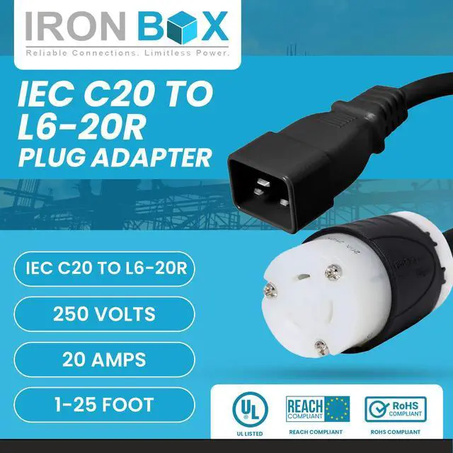 Alt view image 2 of 7 - IronBox Electric - Heavy Duty IEC C20 to L6-20R Plug Adapter Power Cord - 12 AWG Jacket - Rated for 20 Amps and 250V - UL Listed Extension Cable - Ideal for Server Racks and Data Centers (10 feet)