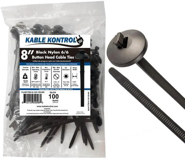 Main image of Buckle Cable Ties, 8 Inch 100 Pcs, 120 Lbs Test, Black | UL Listed Nylon Pin & Button Zip Ties UV Resistant Self-Locking T Rivet Bumper Clips for Automotive & Industrial Use