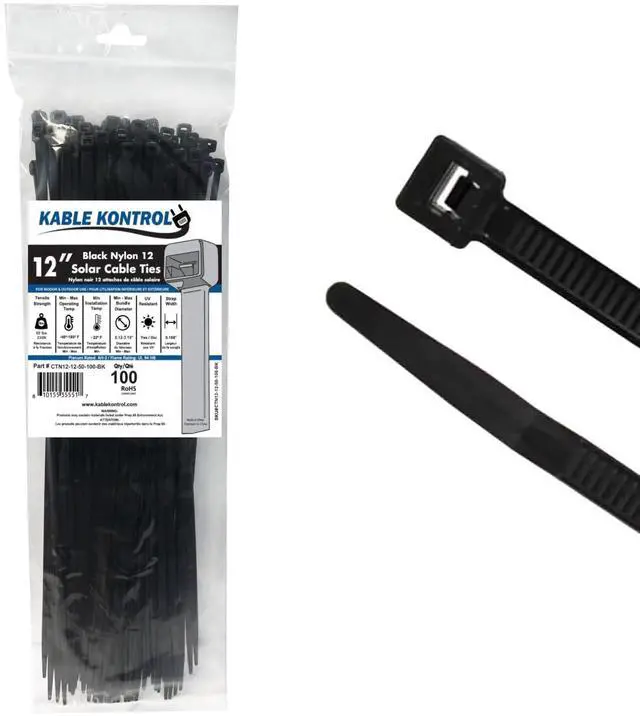 Main image of Solar Cable Ties PA 12, 12 Inch 100 Pcs, 50 Lbs Test - Black | PA 12 Nylon UV & Chemical Resistant Solar Pannel Zip Ties for Indoor, Outdoor, and Industrial Use