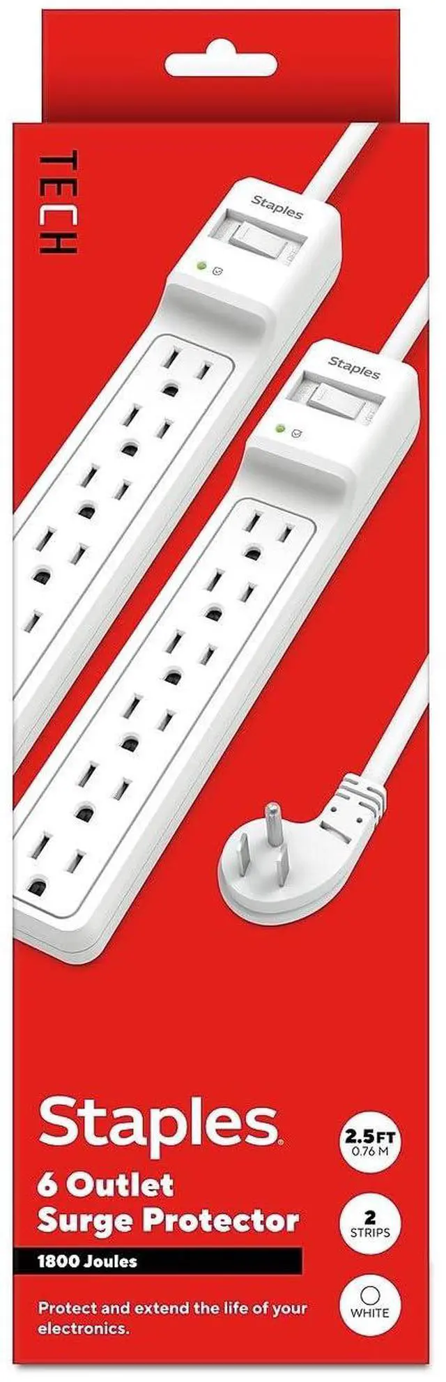 Main image of 6-Outlet Surge Protector, 2.5 Ft Cord, 1800J, 2-Pk | Flat offset plug for home and office electronics protection. White