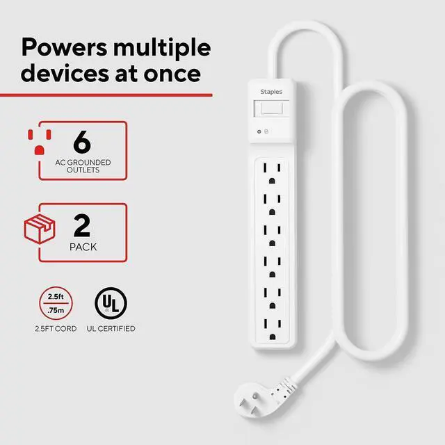 Alt view image 2 of 7 - 6-Outlet Surge Protector, 2.5 Ft Cord, 1800J, 2-Pk | Flat offset plug for home and office electronics protection. White