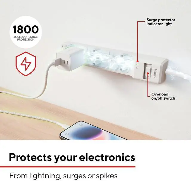 Alt view image 3 of 7 - 6-Outlet Surge Protector, 2.5 Ft Cord, 1800J, 2-Pk | Flat offset plug for home and office electronics protection. White