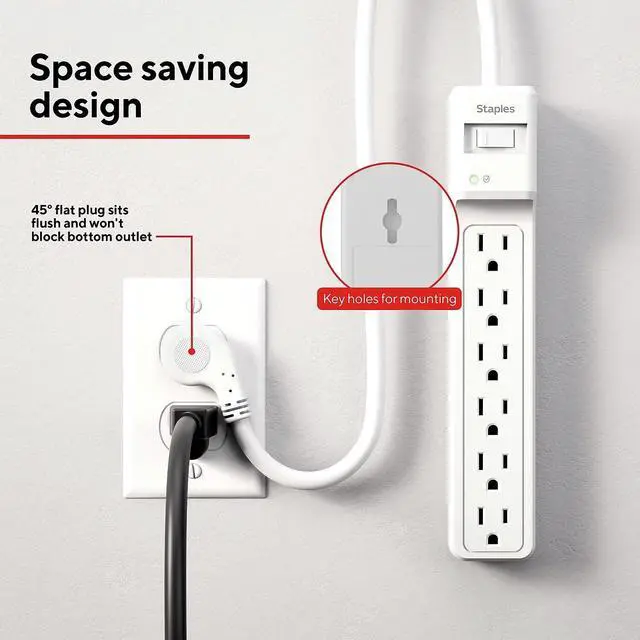Alt view image 6 of 7 - 6-Outlet Surge Protector, 2.5 Ft Cord, 1800J, 2-Pk | Flat offset plug for home and office electronics protection. White
