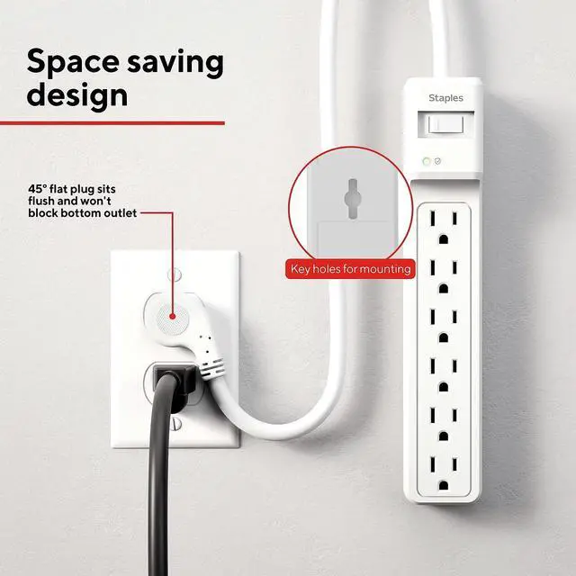 Alt view image 7 of 7 - 6-Outlet Surge Protector, 2.5 Ft Cord, 1800J, 2-Pk | Flat offset plug for home and office electronics protection. White