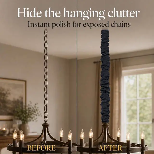 Alt view image 2 of 7 - 5 Foot Linen Fabric Chandelier Chain Cord Cover with Hook and Loop Closure, Black