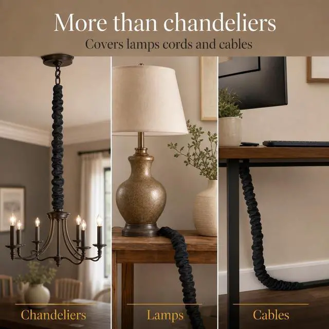 Alt view image 6 of 7 - 5 Foot Linen Fabric Chandelier Chain Cord Cover with Hook and Loop Closure, Black