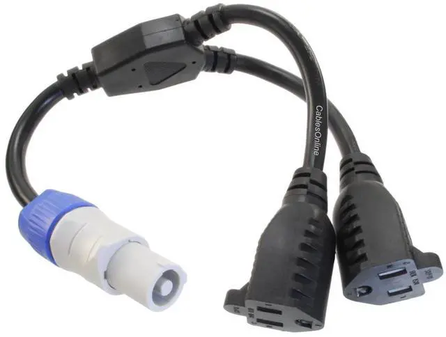Main image of CablesOnline, 2-Way 14-inches 16AWG Stage Lighting Fixture Gray Power-Out Connector to 2X NEMA 5-15R Female Power Y-Splitter Adapter Cable, PC-KY201
