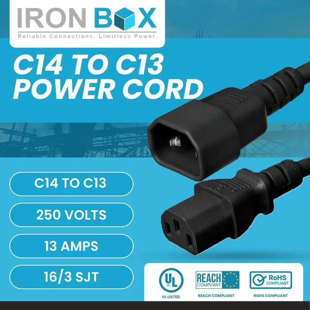 Alt view image 2 of 7 - IronBox Electric C14 to C13 Power Cord - 13A, 250V,16/3 SJT - UL Listed Jumper Cord and IEC Power Cable - Heavy Duty Plug and Connectors for Computer, Desktop, Monitor, Speaker, UPS, PDU & More (10ft)