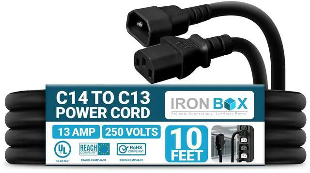 Main image of IronBox Electric C14 to C13 Power Cord - 13A, 250V,16/3 SJT - UL Listed Jumper Cord and IEC Power Cable - Heavy Duty Plug and Connectors for Computer, Desktop, Monitor, Speaker, UPS, PDU & More (10ft)