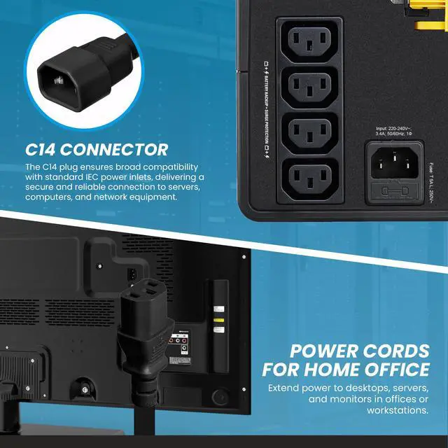 Alt view image 6 of 7 - IronBox Electric C14 to C13 Power Cord - 13A, 250V,16/3 SJT - UL Listed Jumper Cord and IEC Power Cable - Heavy Duty Plug and Connectors for Computer, Desktop, Monitor, Speaker, UPS, PDU & More (10ft)