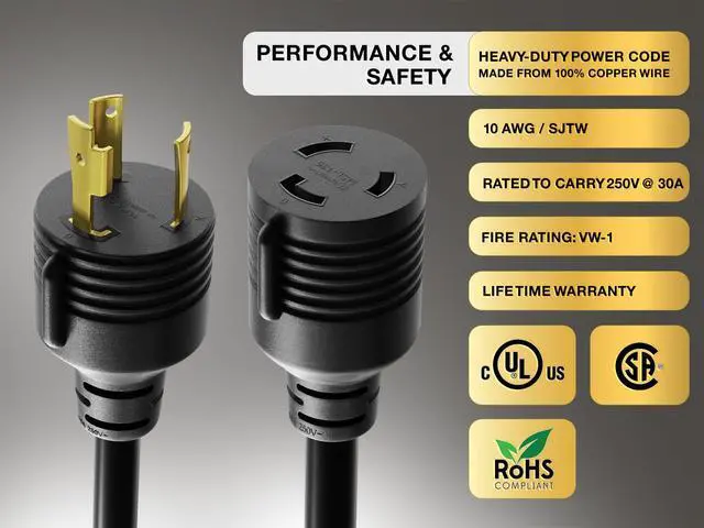 Alt view image 4 of 6 - 10ft NEMA L6-30P to NEMA L6-30R Extension Power Cord, 10AWG, 30A, 250V