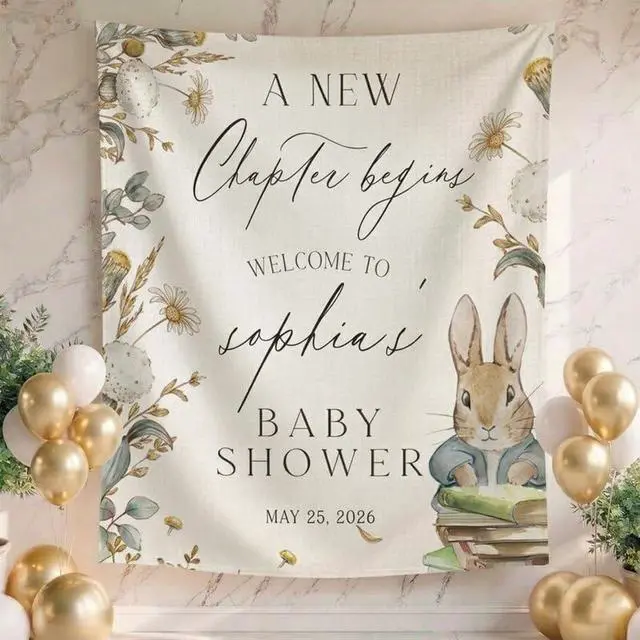 Alt view image 2 of 7 - A New Chapter Begins Baby Shower Backdrop Linen Fabric, Floral Bunny Welcome Sign Banner, Neutral Baby Shower Decorations Photo Booth Background for Girls Boys