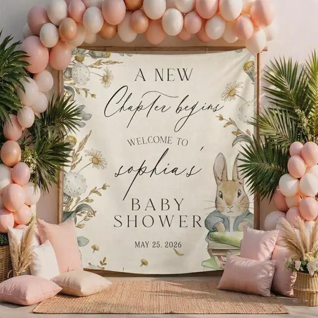 Alt view image 3 of 7 - A New Chapter Begins Baby Shower Backdrop Linen Fabric, Floral Bunny Welcome Sign Banner, Neutral Baby Shower Decorations Photo Booth Background for Girls Boys
