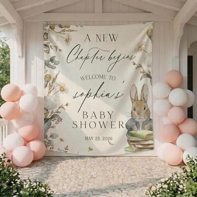 Alt view image 4 of 7 - A New Chapter Begins Baby Shower Backdrop Linen Fabric, Floral Bunny Welcome Sign Banner, Neutral Baby Shower Decorations Photo Booth Background for Girls Boys