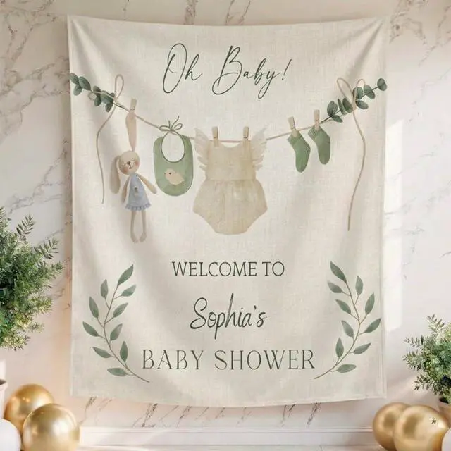 Alt view image 2 of 7 - Oh Baby Shower Backdrop Linen Fabric, Green Boho Clothesline Welcome Banner, Neutral Baby Shower Decorations Photo Booth Background for Girls Boys
