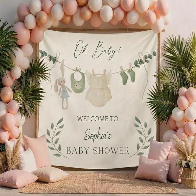 Alt view image 3 of 7 - Oh Baby Shower Backdrop Linen Fabric, Green Boho Clothesline Welcome Banner, Neutral Baby Shower Decorations Photo Booth Background for Girls Boys