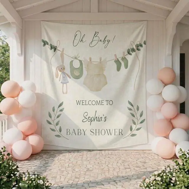 Alt view image 4 of 7 - Oh Baby Shower Backdrop Linen Fabric, Green Boho Clothesline Welcome Banner, Neutral Baby Shower Decorations Photo Booth Background for Girls Boys