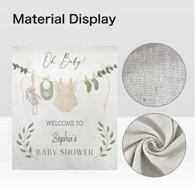 Alt view image 5 of 7 - Oh Baby Shower Backdrop Linen Fabric, Green Boho Clothesline Welcome Banner, Neutral Baby Shower Decorations Photo Booth Background for Girls Boys