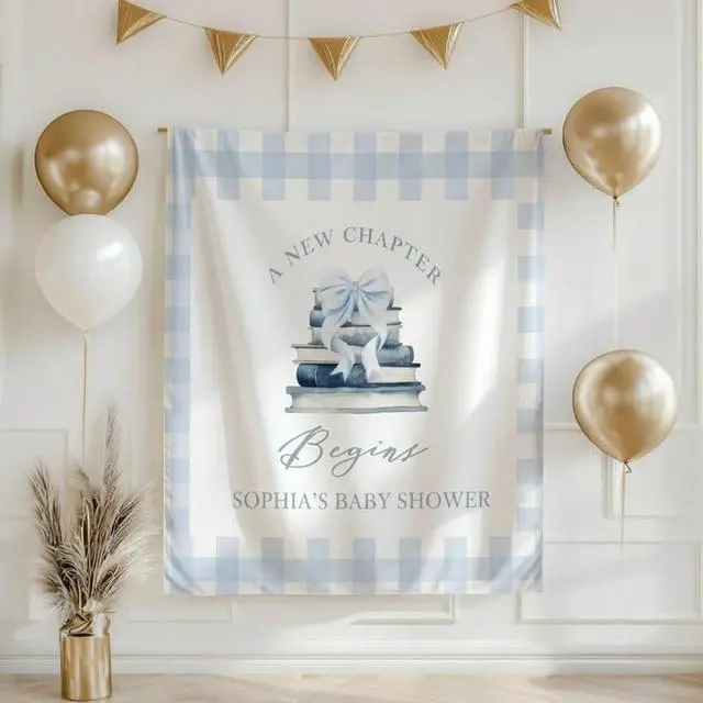 Main image of Baby Shower Backdrop Linen Fabric Blue Gingham, A New Chapter Begins Banner with Books and Bow, Baby Boy Shower Decorations Photo Booth Background