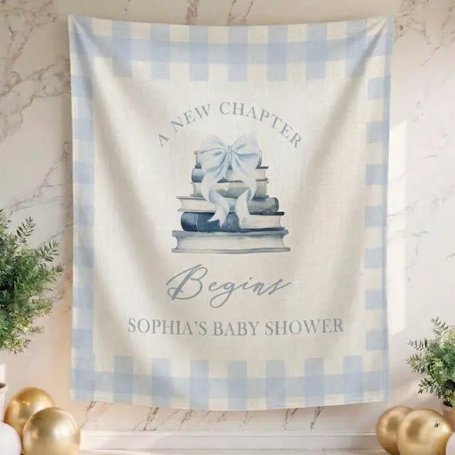 Alt view image 2 of 7 - Baby Shower Backdrop Linen Fabric Blue Gingham, A New Chapter Begins Banner with Books and Bow, Baby Boy Shower Decorations Photo Booth Background