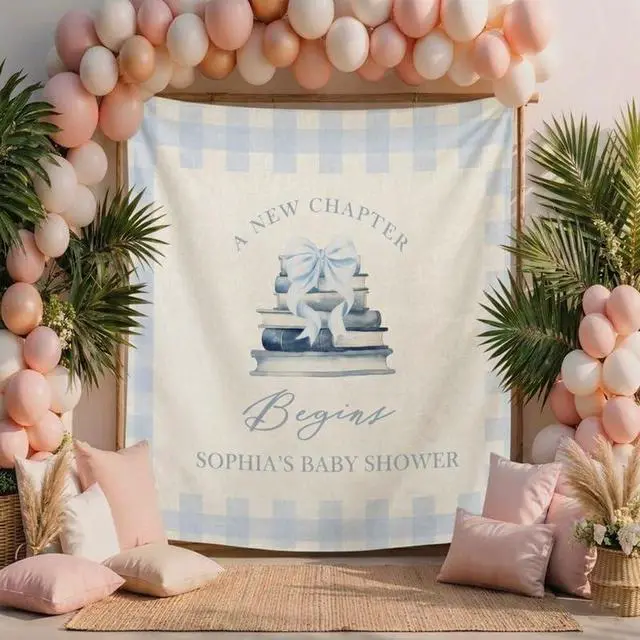Alt view image 3 of 7 - Baby Shower Backdrop Linen Fabric Blue Gingham, A New Chapter Begins Banner with Books and Bow, Baby Boy Shower Decorations Photo Booth Background