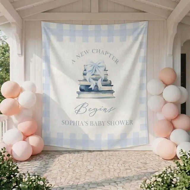 Alt view image 4 of 7 - Baby Shower Backdrop Linen Fabric Blue Gingham, A New Chapter Begins Banner with Books and Bow, Baby Boy Shower Decorations Photo Booth Background