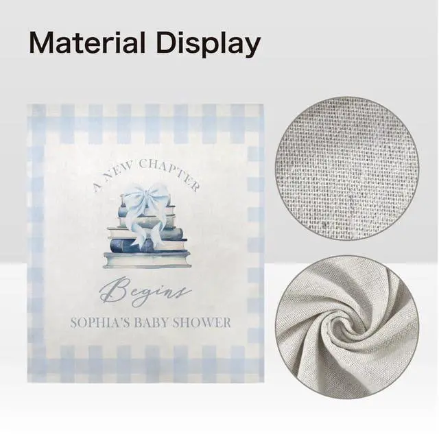 Alt view image 5 of 7 - Baby Shower Backdrop Linen Fabric Blue Gingham, A New Chapter Begins Banner with Books and Bow, Baby Boy Shower Decorations Photo Booth Background