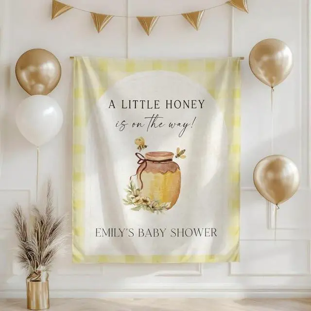 Main image of A Little Honey is on the Way Baby Shower Backdrop Linen Fabric, Bee Honey Jar Welcome Banner, Yellow Gingham Baby Shower Decorations Photo Booth Background
