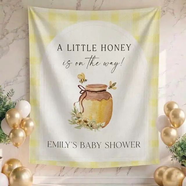 Alt view image 2 of 7 - A Little Honey is on the Way Baby Shower Backdrop Linen Fabric, Bee Honey Jar Welcome Banner, Yellow Gingham Baby Shower Decorations Photo Booth Background