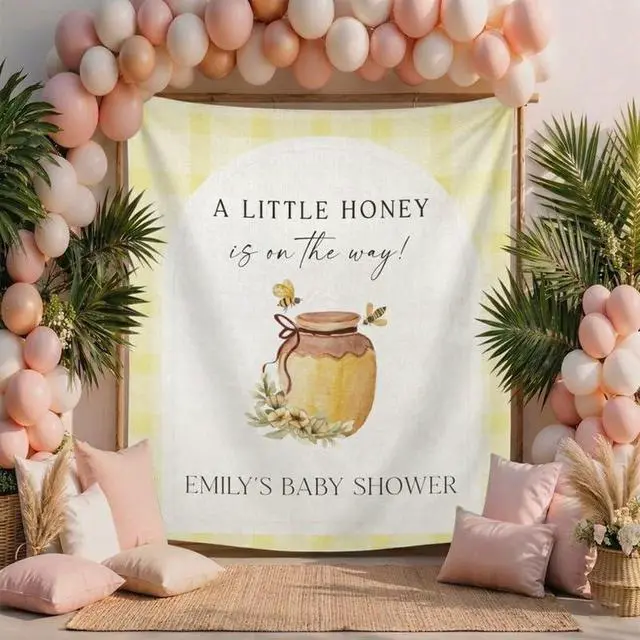 Alt view image 3 of 7 - A Little Honey is on the Way Baby Shower Backdrop Linen Fabric, Bee Honey Jar Welcome Banner, Yellow Gingham Baby Shower Decorations Photo Booth Background
