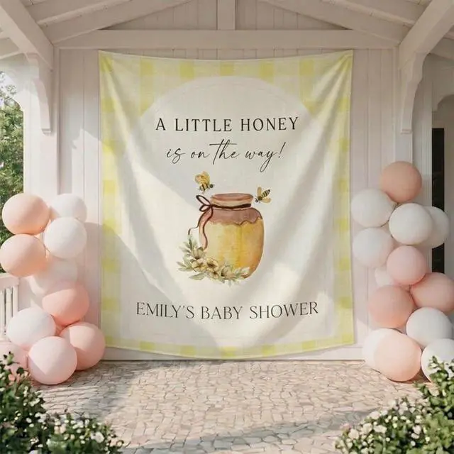 Alt view image 4 of 7 - A Little Honey is on the Way Baby Shower Backdrop Linen Fabric, Bee Honey Jar Welcome Banner, Yellow Gingham Baby Shower Decorations Photo Booth Background