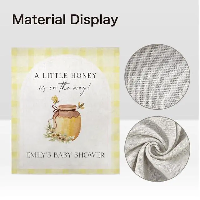 Alt view image 5 of 7 - A Little Honey is on the Way Baby Shower Backdrop Linen Fabric, Bee Honey Jar Welcome Banner, Yellow Gingham Baby Shower Decorations Photo Booth Background