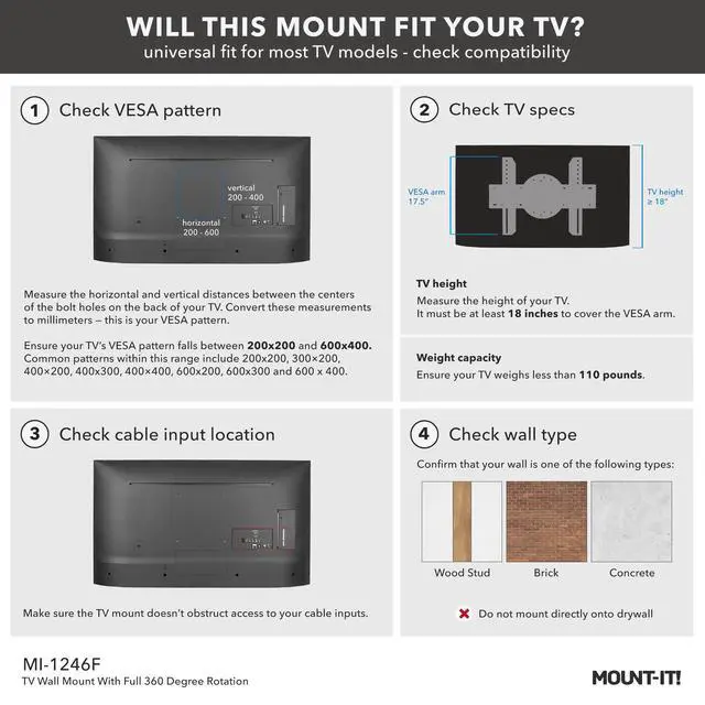 Alt view image 4 of 7 - TV Wall Mount Landscape to Portrait Rotation, Fixed Mounting Bracket, Low-Profile for Samsung, Sony, Toshiba, Sharp, LG, Element, Westinghouse, TCL 32 to 60 Inch (Some 70") TVs, 110 lbs