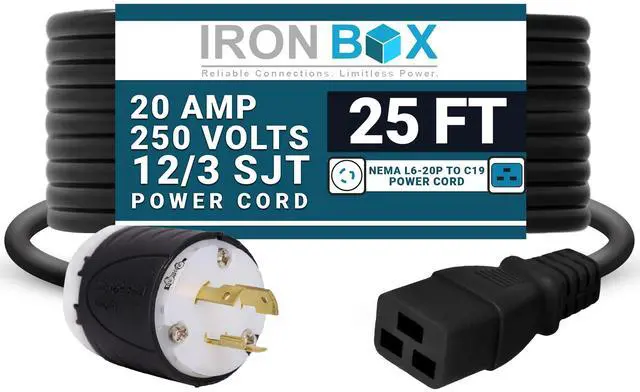 Main image of IronBox Electric NEMA L6-20P to C19 Power Cord - 20A, 250V, 12/3 SJT - UL Listed Power Cable Adapter - Heavy Duty Plug and Cord for Data Centers, PDU, High Powered Devices & More (25 ft, Custom Built)