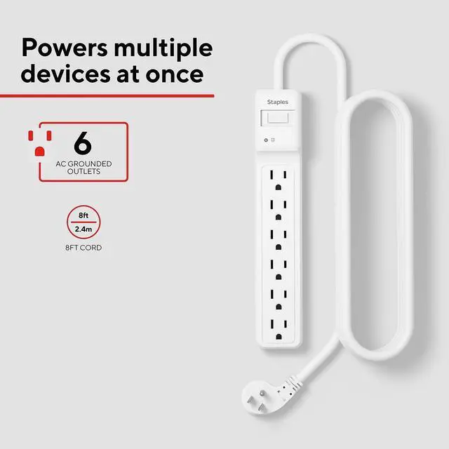 Alt view image 2 of 7 - 6-Outlet Surge Protector, 8 Ft Cord, Flat Offset Plug | Home and office electronics protection for desks and workstations