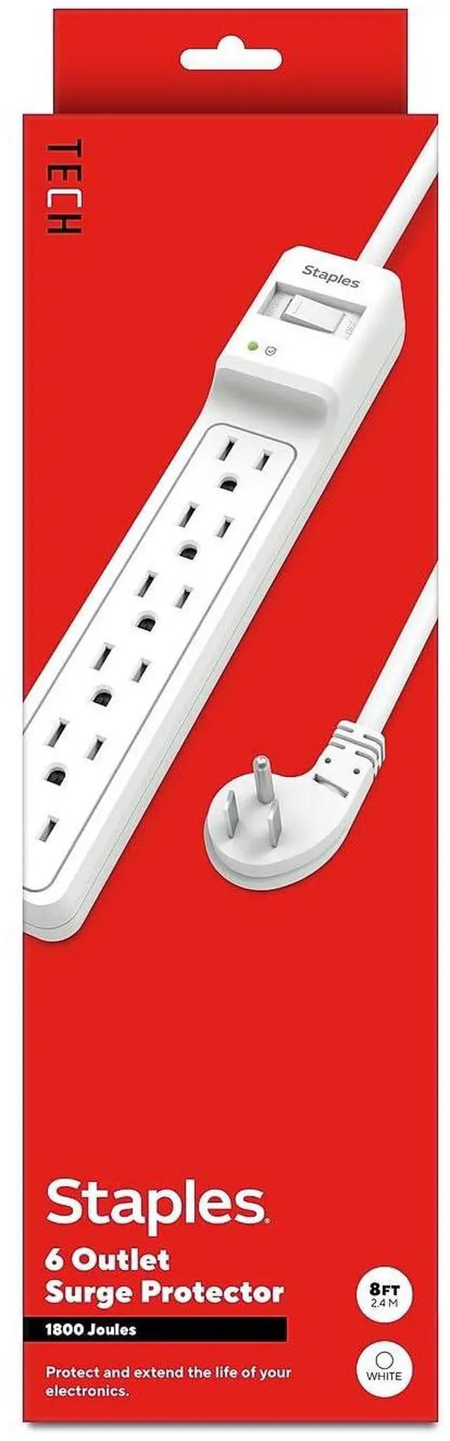 Main image of 6-Outlet Surge Protector, 8 Ft Cord, Flat Offset Plug | Home and office electronics protection for desks and workstations