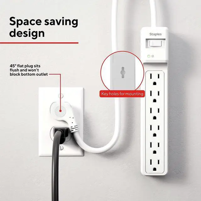 Alt view image 7 of 7 - 6-Outlet Surge Protector, 4 Ft Cord, Flat Offset Plug | Home and office electronics protection at desks and workstations