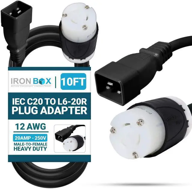 Main image of IronBox Electric - Heavy Duty IEC C20 to L6-20R Plug Adapter Power Cord - 12 AWG Jacket - Rated for 20 Amps and 250V - UL Listed Extension Cable - Ideal for Server Racks and Data Centers (10 feet)