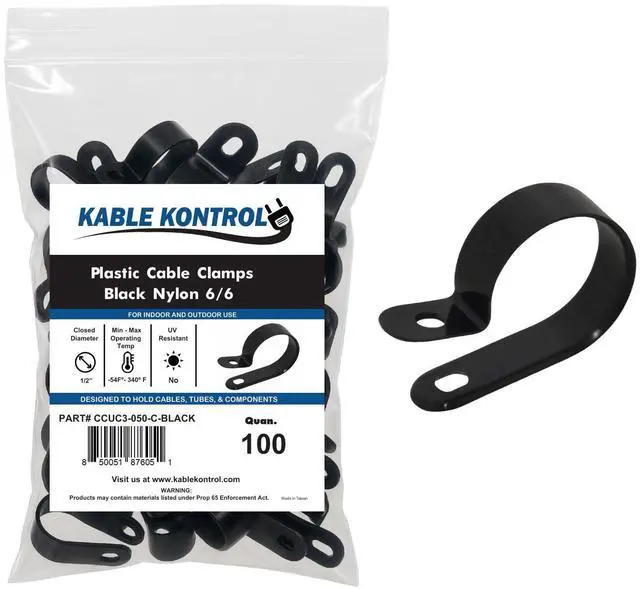 Main image of Nylon Cable Clamps RType 1/2 Diameter 100 Pcs - Nylon 6-6 Screw Mount Wire Clamps Cord Clips Mounting Fastener Clip Cord Clamps for Industrial & Automotive Use Black