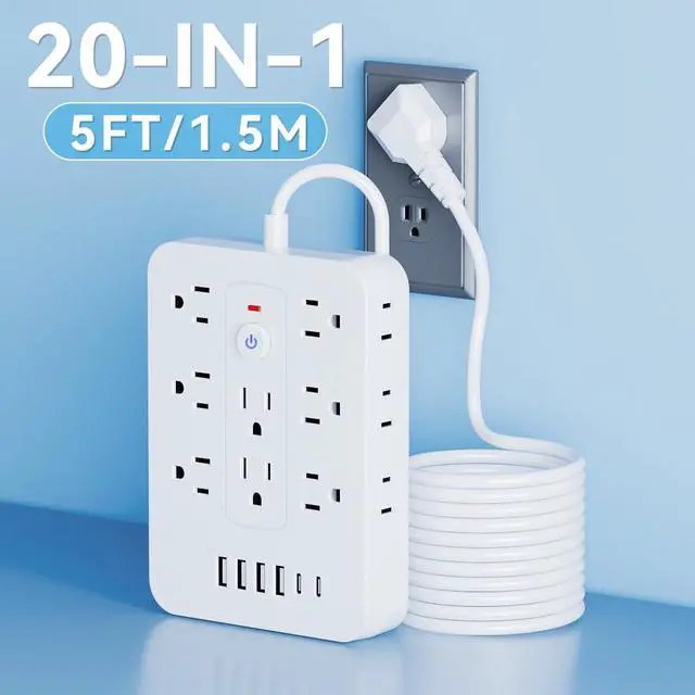 Alt view image 2 of 7 - 20-in-1 Power Strip with Overload Protection, Short Cord,5FT and 10FT, Black/White Color Options, 14 Standard US Sockets, 4 USB Ports, 2 Type-C Ports (White, 5FT)