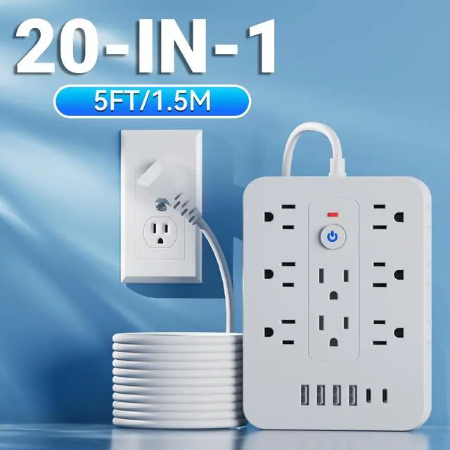Alt view image 3 of 7 - 20-in-1 Power Strip with Overload Protection, Short Cord,5FT and 10FT, Black/White Color Options, 14 Standard US Sockets, 4 USB Ports, 2 Type-C Ports (White, 5FT)