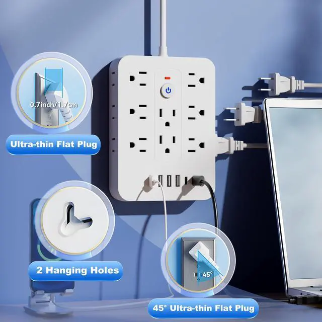 Alt view image 5 of 7 - 20-in-1 Power Strip with Overload Protection, Short Cord,5FT and 10FT, Black/White Color Options, 14 Standard US Sockets, 4 USB Ports, 2 Type-C Ports (White, 5FT)