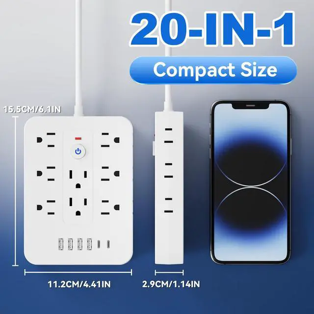 Alt view image 6 of 7 - 20-in-1 Power Strip with Overload Protection, Short Cord,5FT and 10FT, Black/White Color Options, 14 Standard US Sockets, 4 USB Ports, 2 Type-C Ports (White, 5FT)