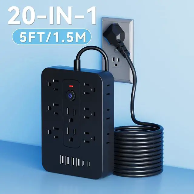 Alt view image 2 of 7 - 20-in-1 Power Strip with Overload Protection, Short Cord,5FT and 10FT, Black/White Color Options, 14 Standard US Sockets, 4 USB Ports, 2 Type-C Ports (Black, 5FT)