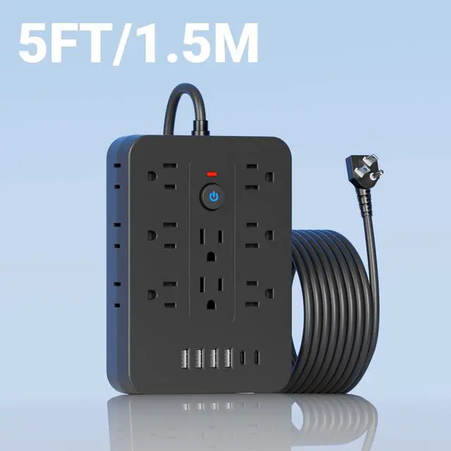 Alt view image 3 of 7 - 20-in-1 Power Strip with Overload Protection, Short Cord,5FT and 10FT, Black/White Color Options, 14 Standard US Sockets, 4 USB Ports, 2 Type-C Ports (Black, 5FT)