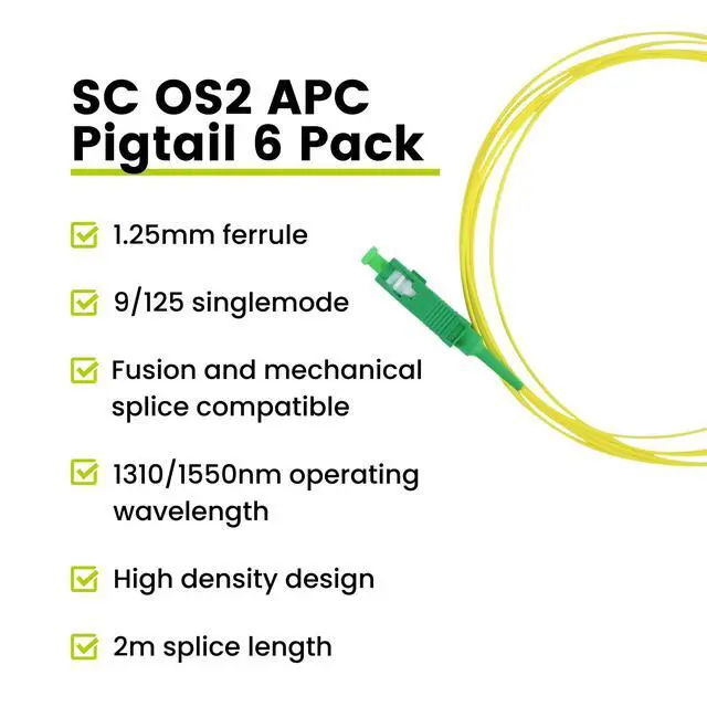 Alt view image 2 of 7 - Simplex SC Angled Physical Contact OS2 Singlemode PVC (LSZH) 0.9mm, Fiber Optic Pigtail Fusion and Mechanical Splice, Singlemode 9/125 900um Tight Buffer, 2m, 6 Pack